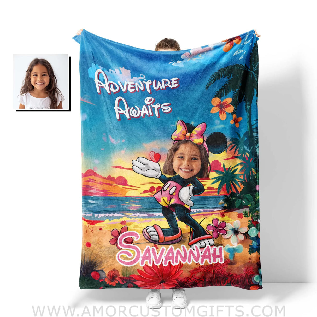 Personalized Face & Name Minnie Cartoon Mouse On Beach Sunset Girl Blanket Blankets