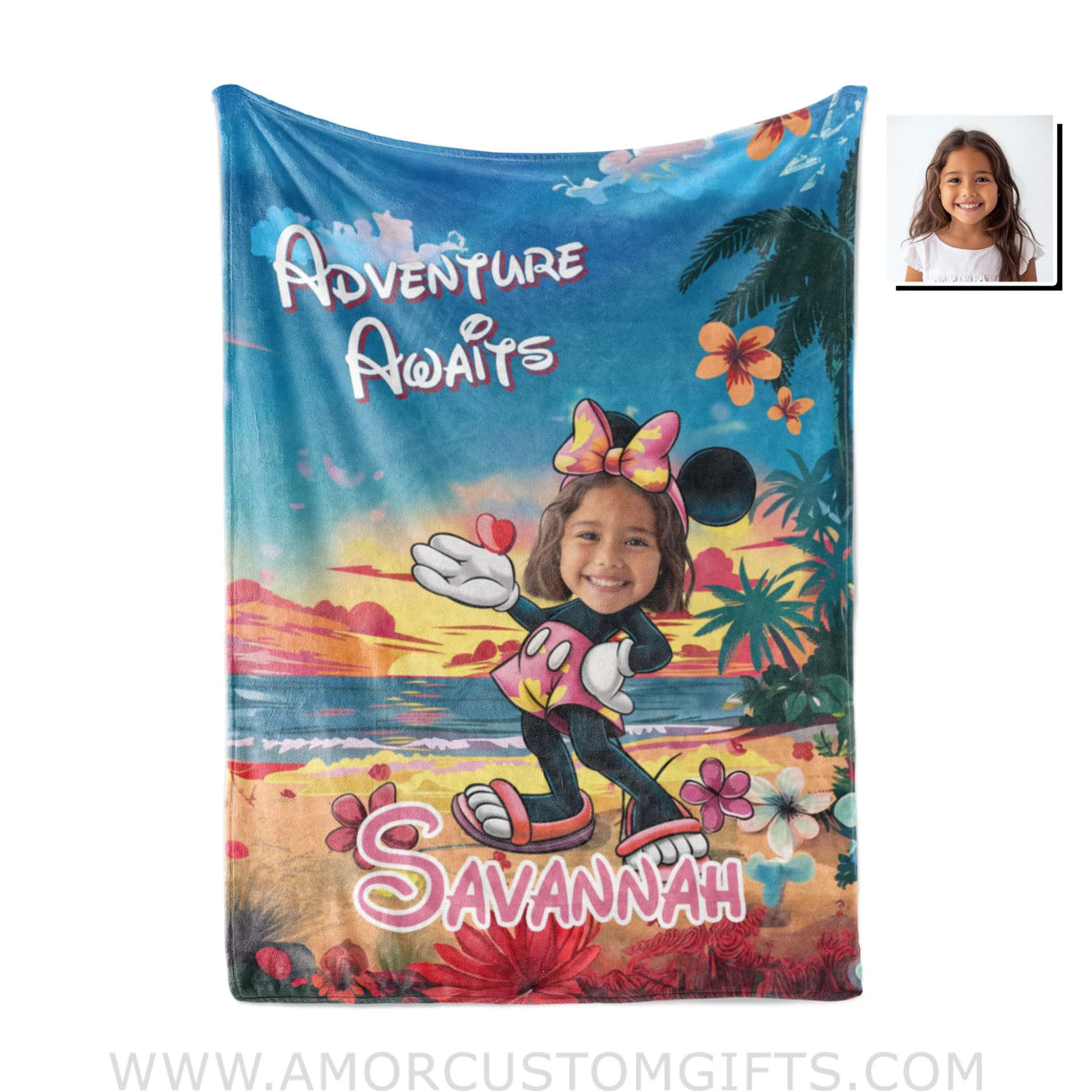 Personalized Face & Name Minnie Cartoon Mouse On Beach Sunset Girl Blanket Blankets