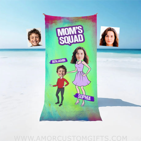 Personalized Face & Name Mother’s Day Mom’s Squad Boy Beach Towel Towels