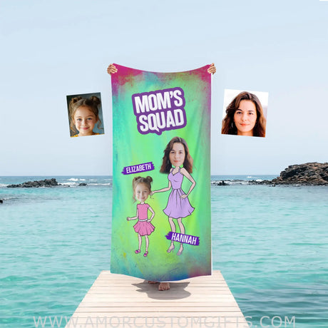 Personalized Face & Name Mother’s Day Mom’s Squad Girl Mom Beach Towel Towels