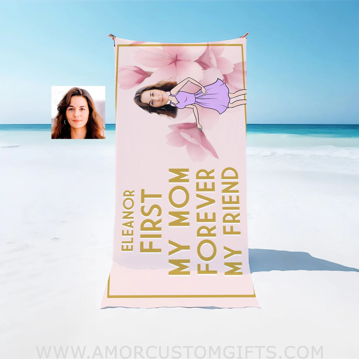 Personalized Face & Name Mother’s Day First My Mom Girl Beach Towel Towels