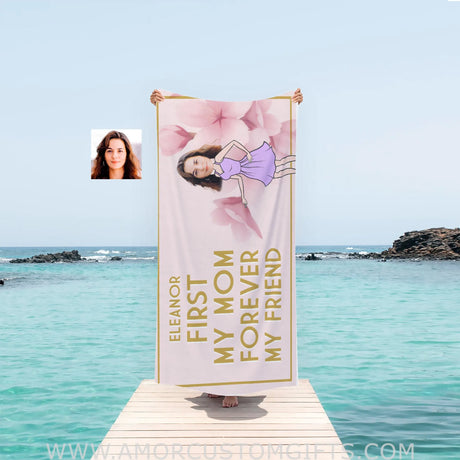 Personalized Face & Name Mother’s Day First My Mom Girl Beach Towel Towels