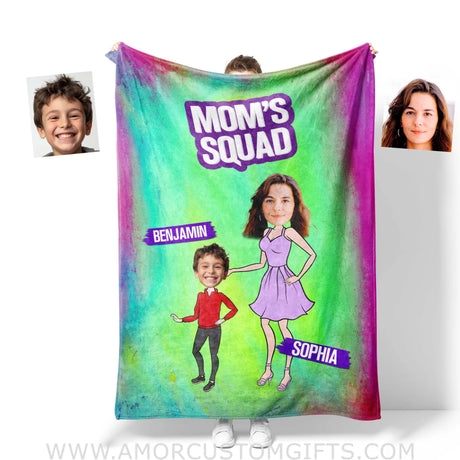 Personalized Face & Name Mother’s Day Mom’s Squad Boy Mom Blanket Blankets