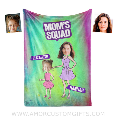 Personalized Face & Name Mother’s Day Mom’s Squad Girl Mom Blanket Blankets