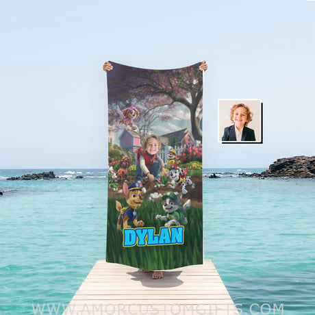 Personalized Face & Name Patrol Plant Flowers Boy Photo Beach Towel Towels