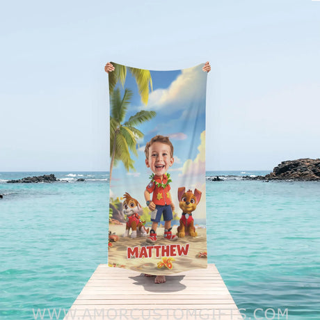 Personalized Face & Name Ryder Paw Patrol Wear Hawaiis Shirt Photo Beach Towel Towels