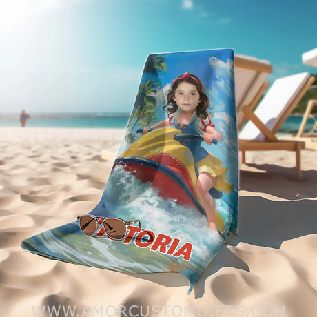 Personalized Face & Name Snow White Surfing 2 Summer Beach Girl Towel Towels