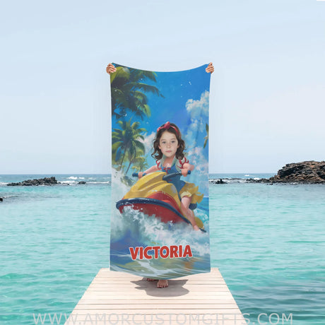 Personalized Face & Name Snow White Surfing 2 Summer Beach Girl Towel Towels