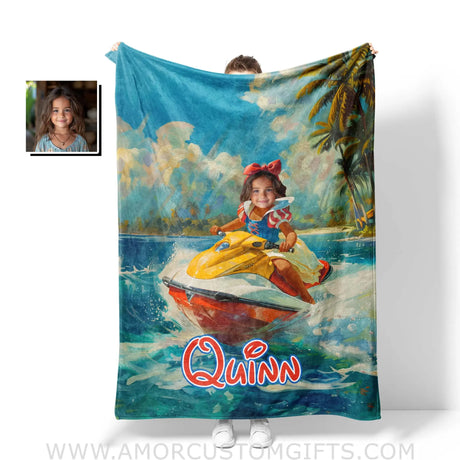 Personalized Face & Name Snow White Surfing Summer Beach Girl Blanket Blankets