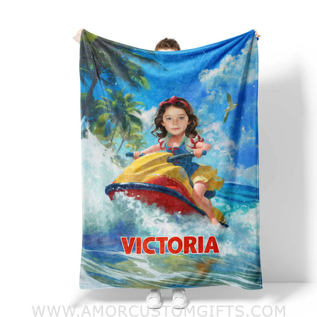Personalized Face & Name Snow White Surfing Summer Beach Girl Blanket Blankets