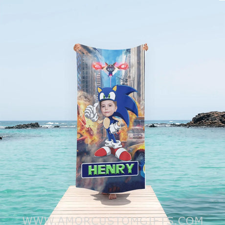 Towels Personalized Face & Name Sonic Boy Beach Towel