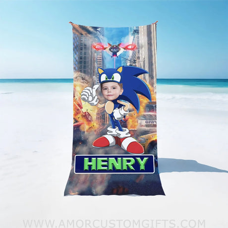 Towels Personalized Face & Name Sonic Boy Beach Towel