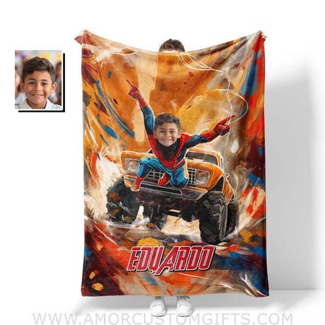 Personalized Face & Name Spider Boy Monster Truck Watercolor Superhero Blanket Blankets