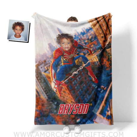 Personalized Face & Name Spider Boy Swinging Superhero Blanket Blankets