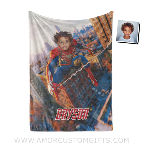 Personalized Face & Name Spider Boy Swinging Superhero Blanket Blankets