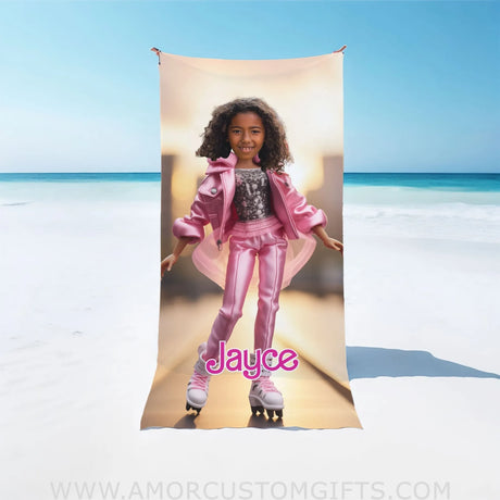 Towels Personalized Face & Name Summer African Fashion Doll Skating 3 Girl Beach Towel