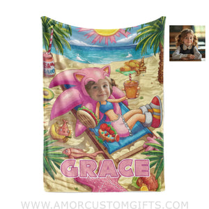 Personalized Face & Name Summer Amy Rose Lie On The Beach Girl Blanket Blankets