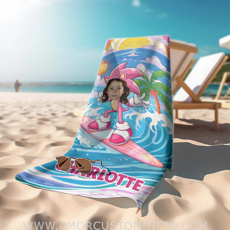 Personalized Face & Name Summer Amy Rose Surfing Beach Towel Towels