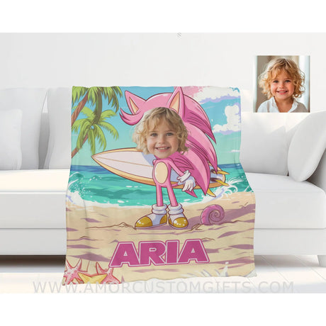 Personalized Face & Name Summer Amy Rose Surfing On Beach Girl Blanket Blankets