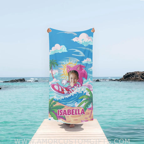 Personalized Face & Name Summer Amy Rose Surfing On Beach Towel Towels