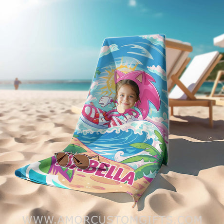 Personalized Face & Name Summer Amy Rose Surfing On Beach Towel Towels