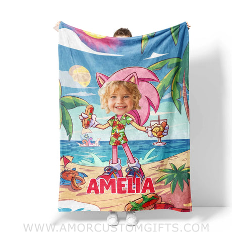 Personalized Face & Name Summer Amy Rose Wear Hawaiian Shirt Blanket Blankets