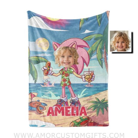 Personalized Face & Name Summer Amy Rose Wear Hawaiian Shirt Blanket Blankets