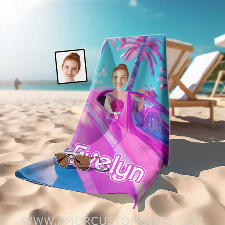 Towels Personalized Face & Name Summer Barbi Car Beach Beach Towel