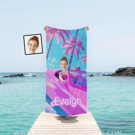 Towels Personalized Face & Name Summer Barbi Car Beach Beach Towel