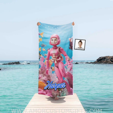 Towels Personalized Face & Name Summer Barbie Diving Beach Towel