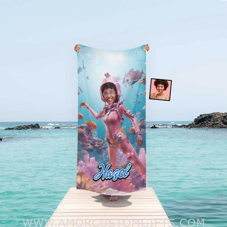 Towels Personalized Face & Name Summer Barbi Diving With Fish Beach Towel