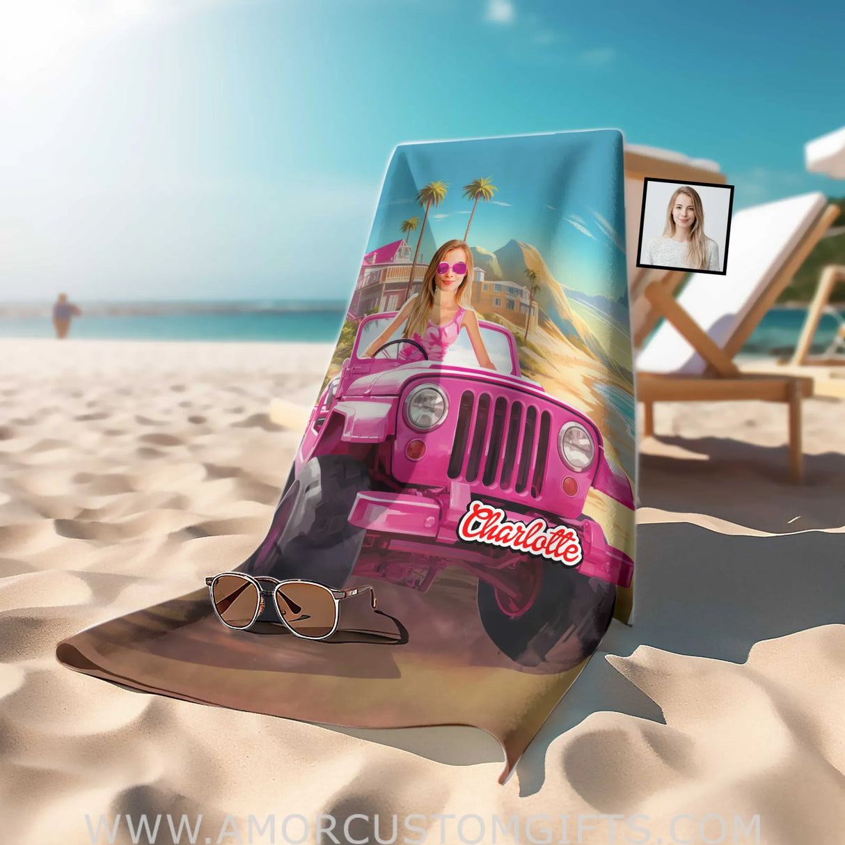 Towels Personalized Face & Name Summer Barbi Jeep Truck Beach Beach Towel