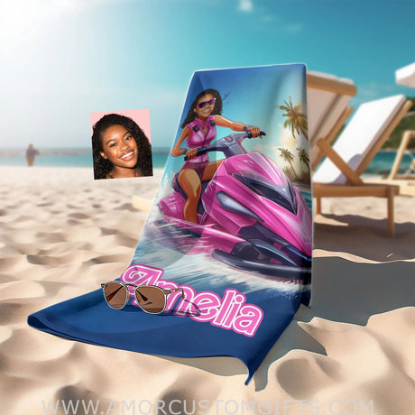 Towels Personalized Face & Name Summer Barbi Jet Ski Beach Towel