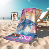 Towels Personalized Face & Name Summer Barbie Riding Shark Beach Towel