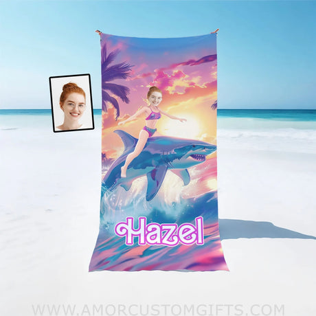 Towels Personalized Face & Name Summer Barbie Riding Shark Beach Towel
