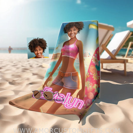 Towels Personalized Face & Name Summer Barbi Surfing Beach Towel