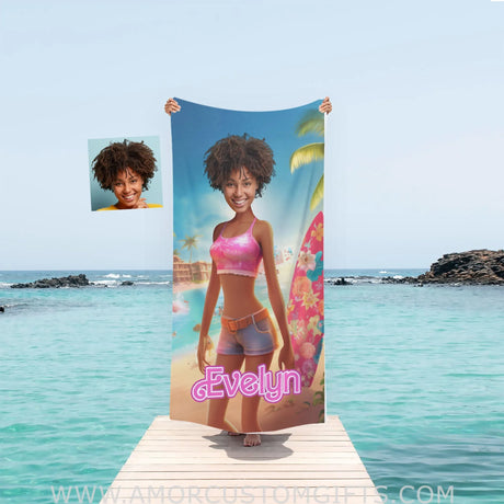 Towels Personalized Face & Name Summer Barbi Surfing Beach Towel