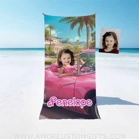 Towels Personalized Face & Name Summer Fashion Doll Classic Car Girl Beach Towel