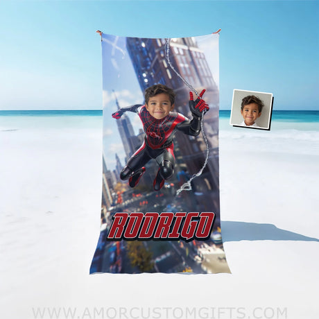 Personalized Face & Name Summer Black Miles Spider Boy Swinging Through City Superhero Beach Towel