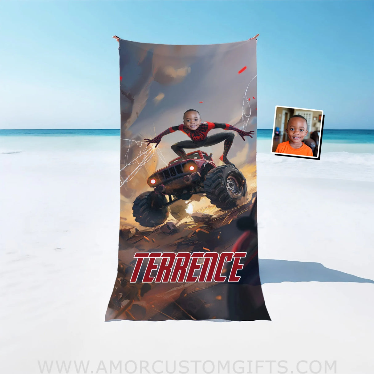 Personalized Face & Name Summer Black Miles Spider Boy With Monster Truck Superhero Beach Towel