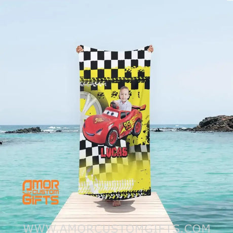 Towels Personalized Face & Name Summer Cartoon Disney Car Boy Beach Towel