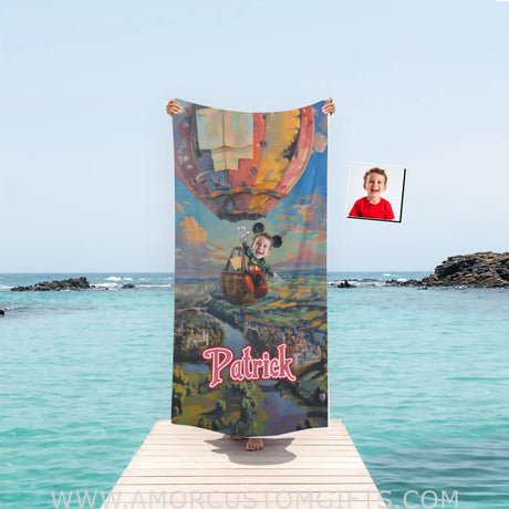 Personalized Face & Name Summer Cartoon Mouse Hot Air Balloon Girl Beach Towel Towels