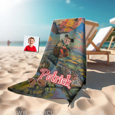 Personalized Face & Name Summer Cartoon Mouse Hot Air Balloon Girl Beach Towel Towels