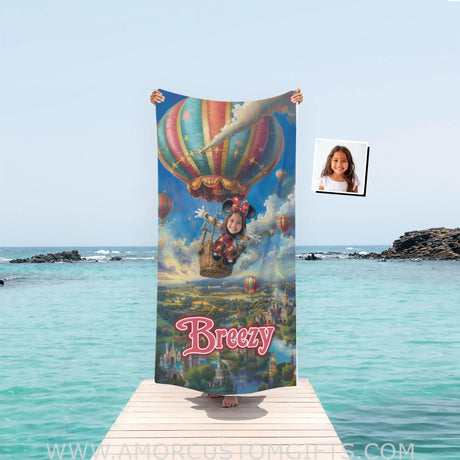 Personalized Face & Name Summer Cartoon Mouse Hot Air Balloon Ride Girl Beach Towel Towels