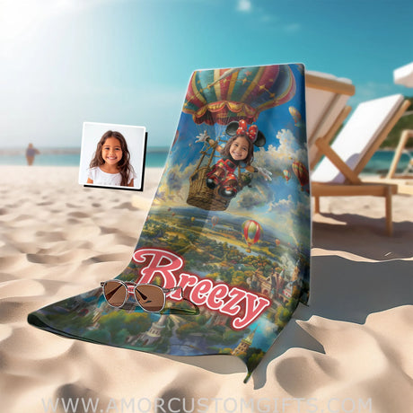 Personalized Face & Name Summer Cartoon Mouse Hot Air Balloon Ride Girl Beach Towel Towels