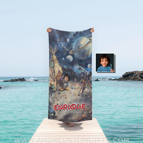 Personalized Face & Name Summer Cartoon Mouse In Galaxy Boy Beach Towel Towels
