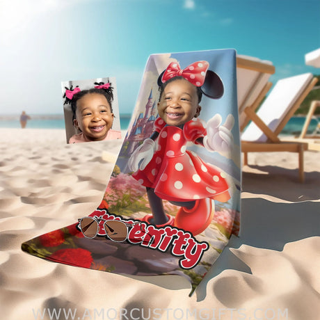 Towels Personalized Face & Name Summer Cartoon Mouse Mini Castle Polka Dot Red Dress Beach Towel