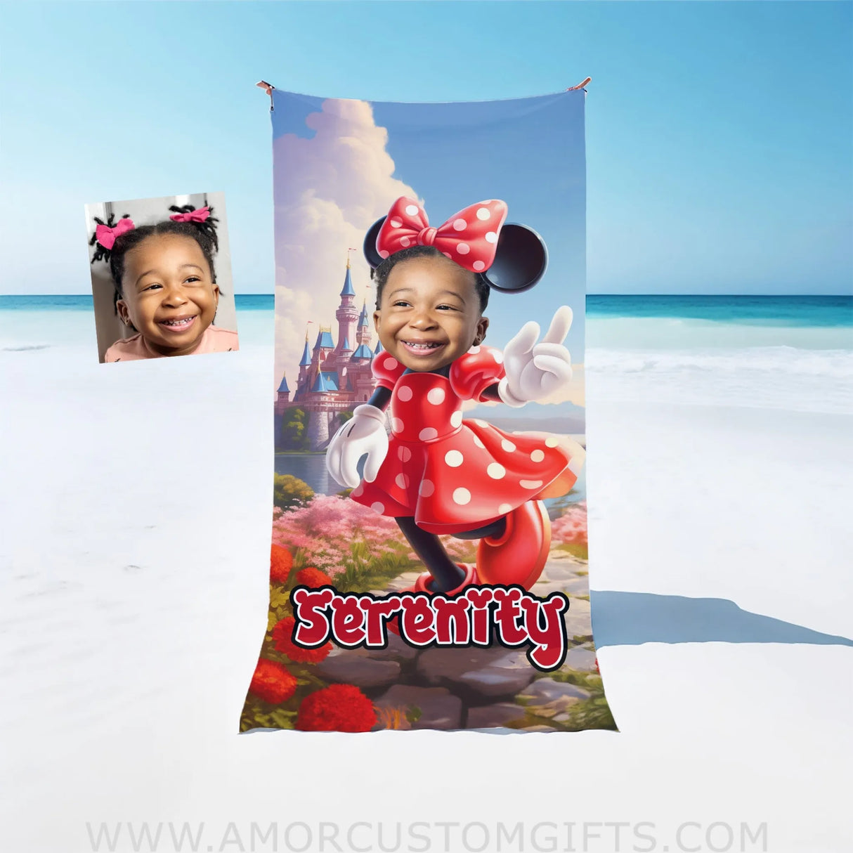 Towels Personalized Face & Name Summer Cartoon Mouse Mini Castle Polka Dot Red Dress Beach Towel