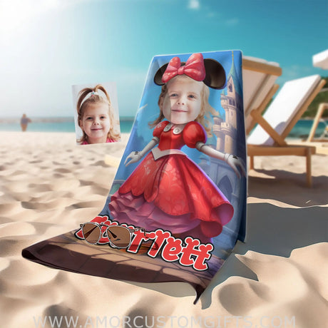 Towels Personalized Face & Name Summer Cartoon Mouse Mini Castle Red Dress Beach Towel