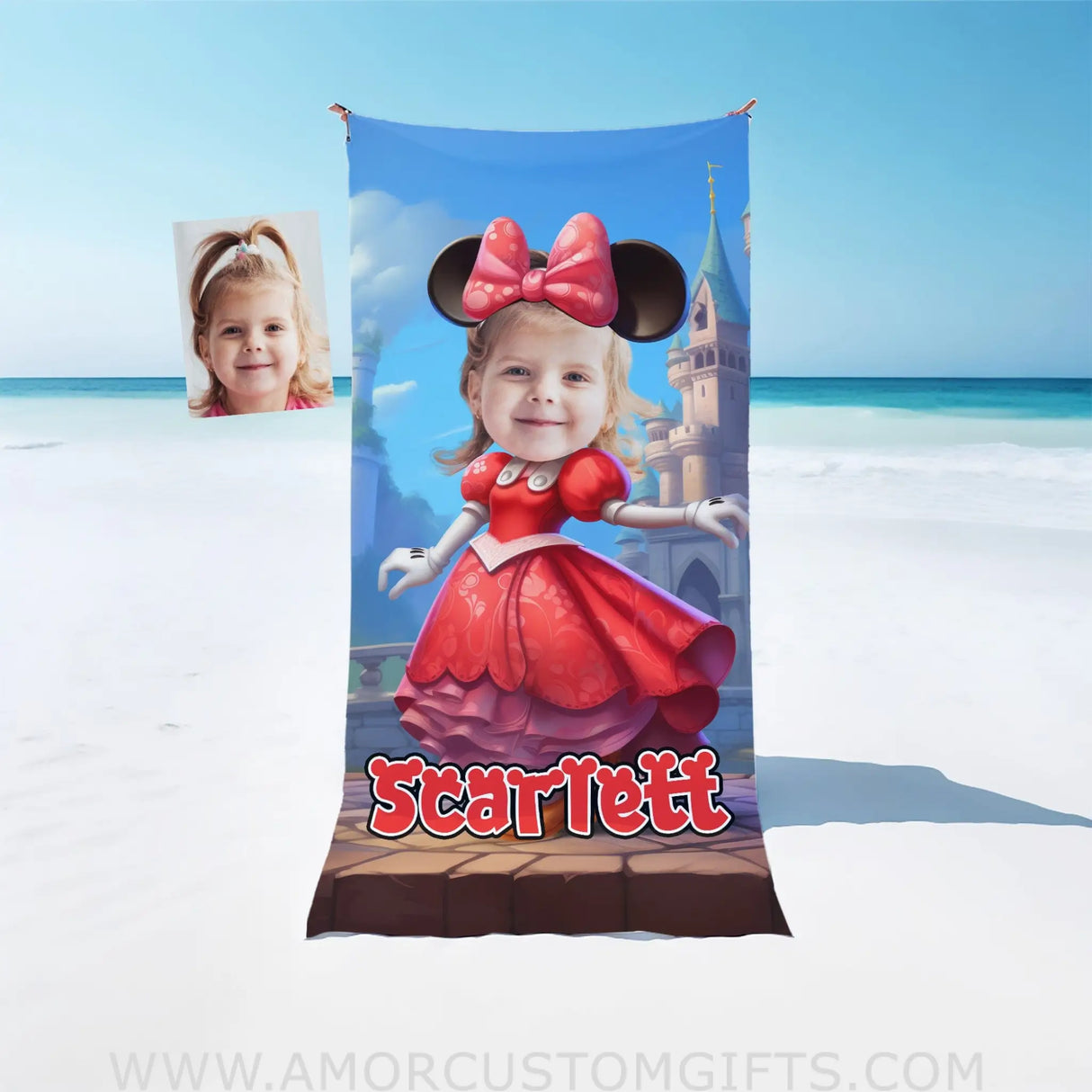 Towels Personalized Face & Name Summer Cartoon Mouse Mini Castle Red Dress Beach Towel